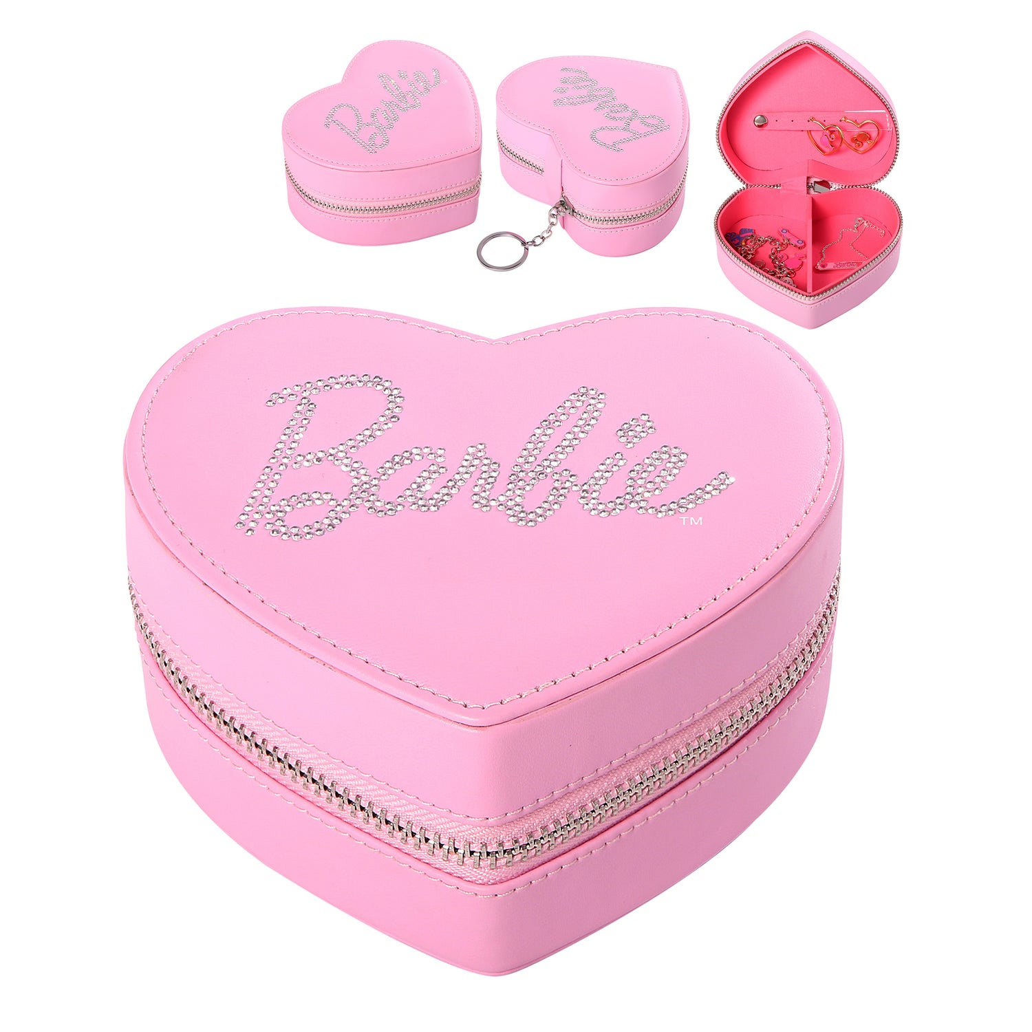 SALLY ROSE Barbie Travel Jewelry Case Official License, Heart-Shaped Jewelry Box Pink with Zipper, Small Jewelry Organizer