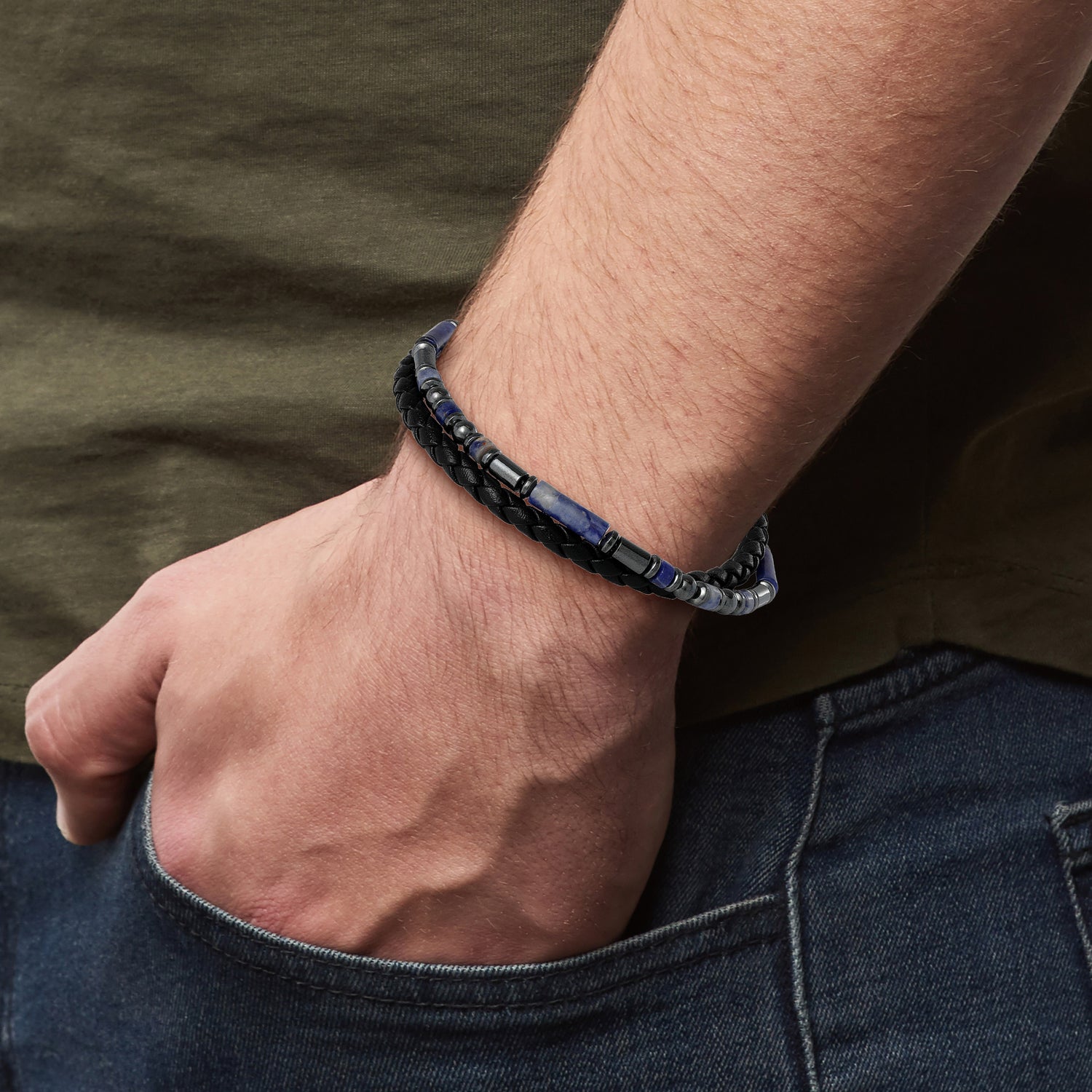 Lucky Brand Men’s Braided & Sodalite Bead 8.5'' Bracelet, Black/Blue, Magnetic Clasp