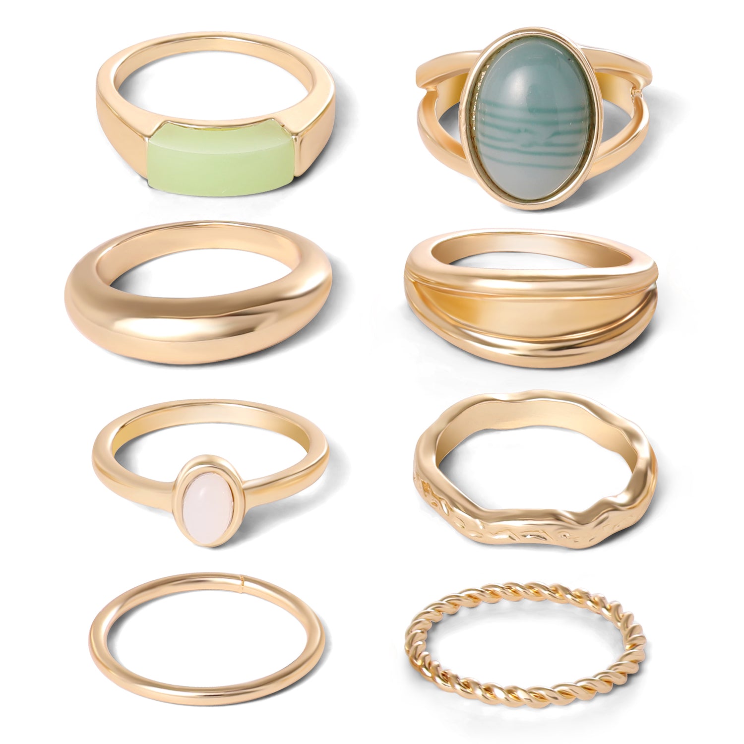Jessica Simpson Gold-Tone 8-Piece Stacking Ring Set with Green Stone Accents - Size 7