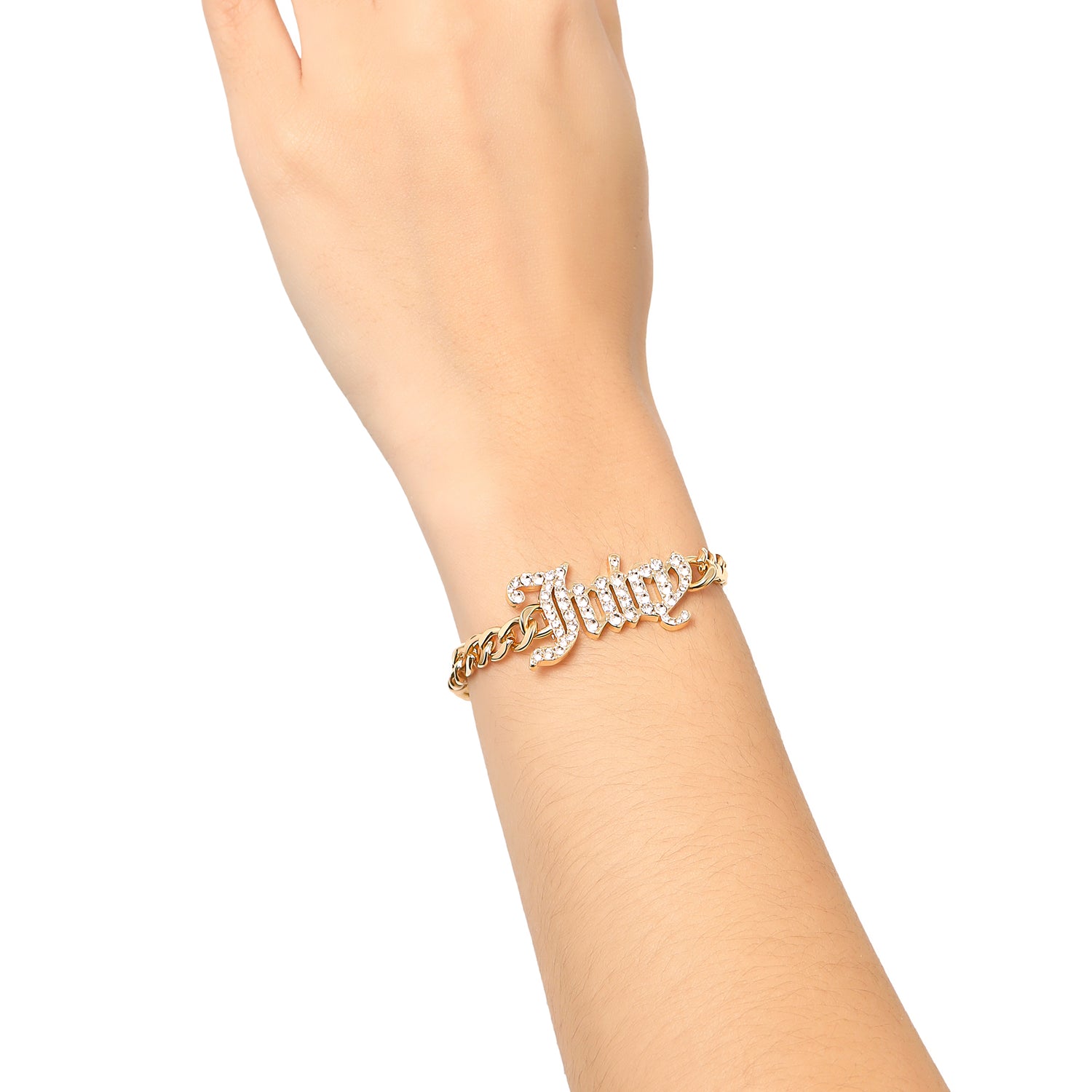 Juicy Couture Gothic Logo Pendant Bracelet for Women 7.5", Gold-Tone Juicy Bracelet with Logo Charms and Clear Stones