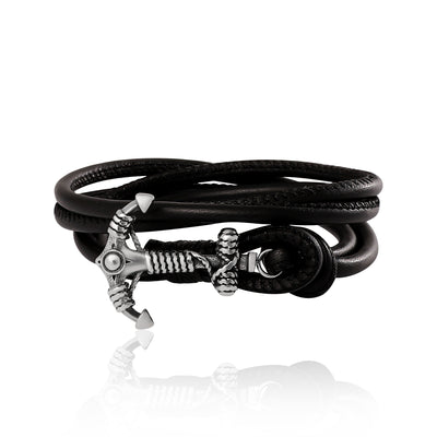 Lucky Brand Mens Black Leather Anchor Wrap Bracelet with Adjustable Fit