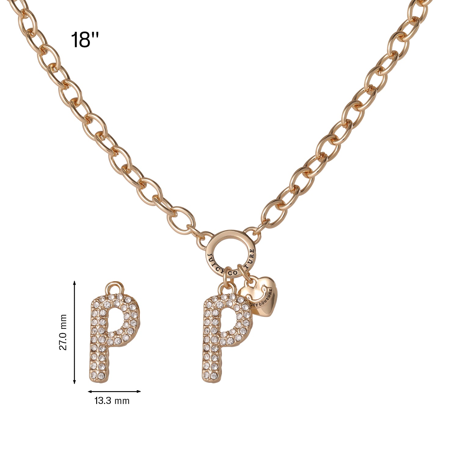 Juicy Couture Bubble Letter Necklace for Women with Clear Stones 18"+2", Chunky Initial Necklace Gold-Tone - P