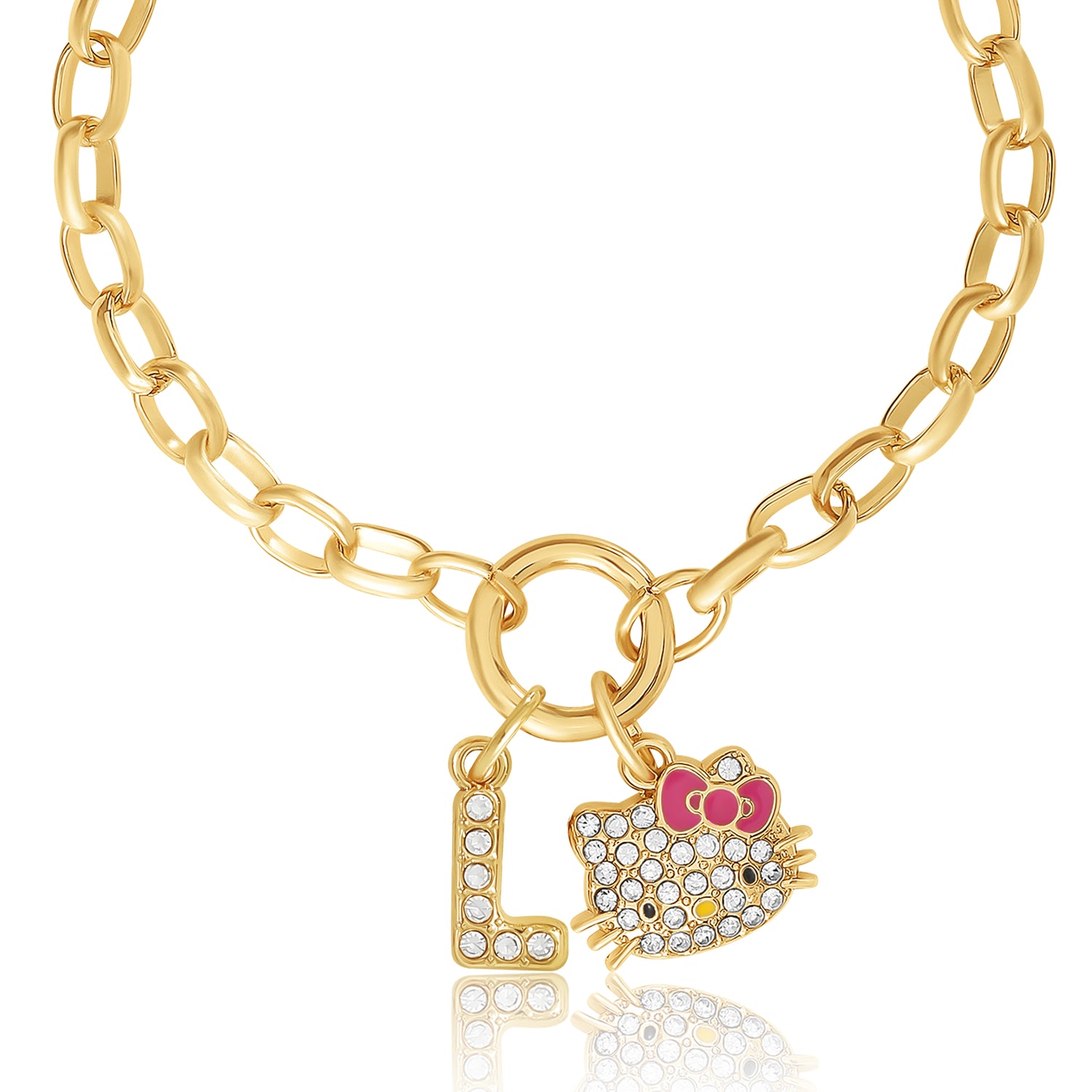 Hello Kitty Initial Crystal Charm Bracelet, Gold‑Tone, Adjustable - L