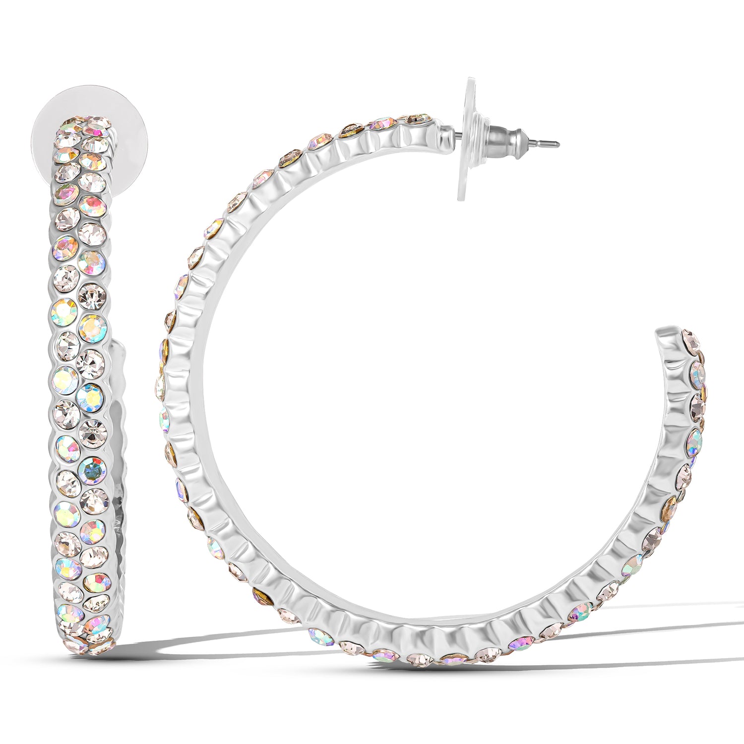 Jessica Simpson Crystal-Embellished Silver-Tone Hoop Earrings – Glamorous Statement Hoops