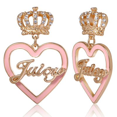 Juicy Couture Logo and Pink Heart Dangle Earrings for Women, Gold-Tone Heart Earrings with Embellished Crown Stud