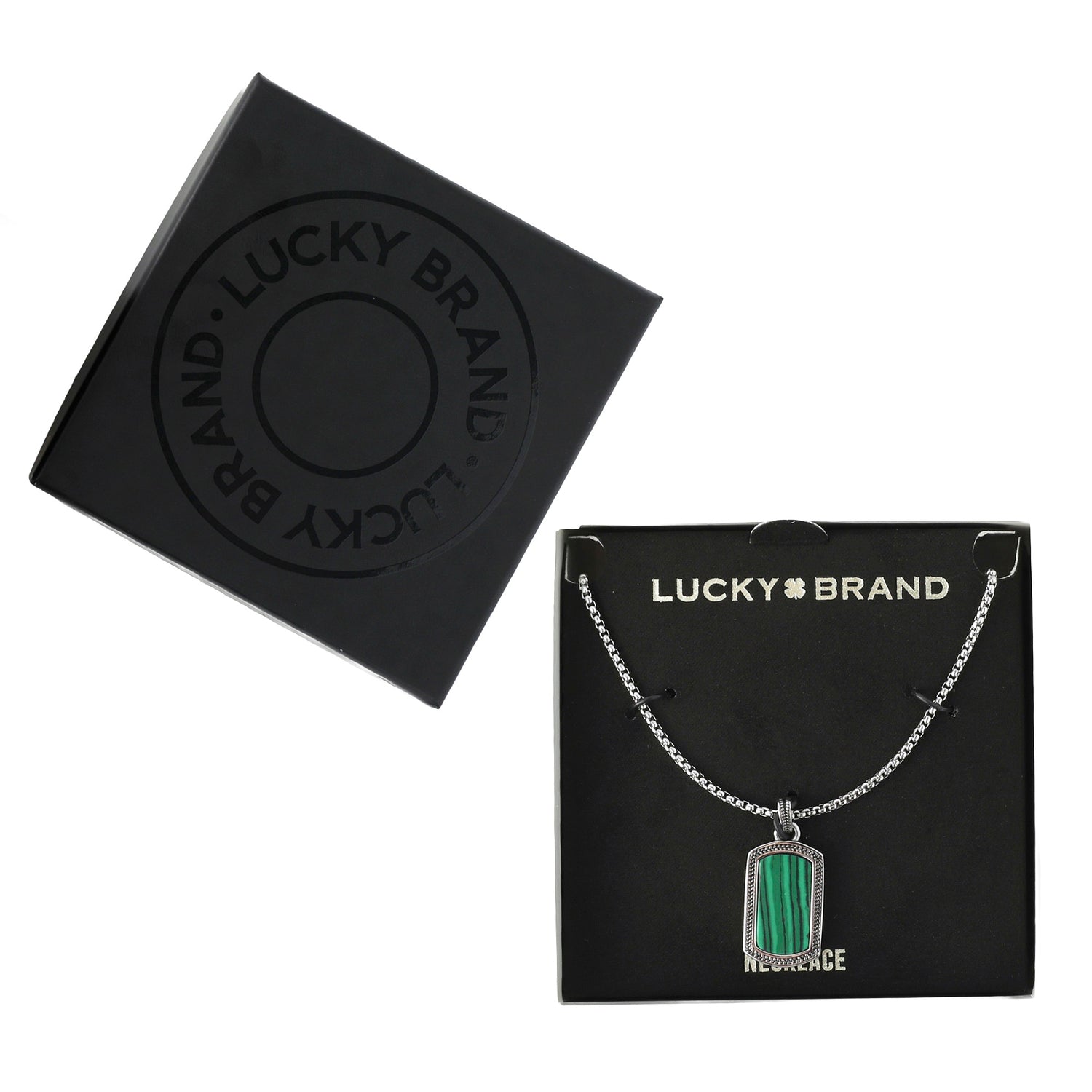 Lucky Brand Mens Stainless Steel Necklace with Malachite Green Pendant