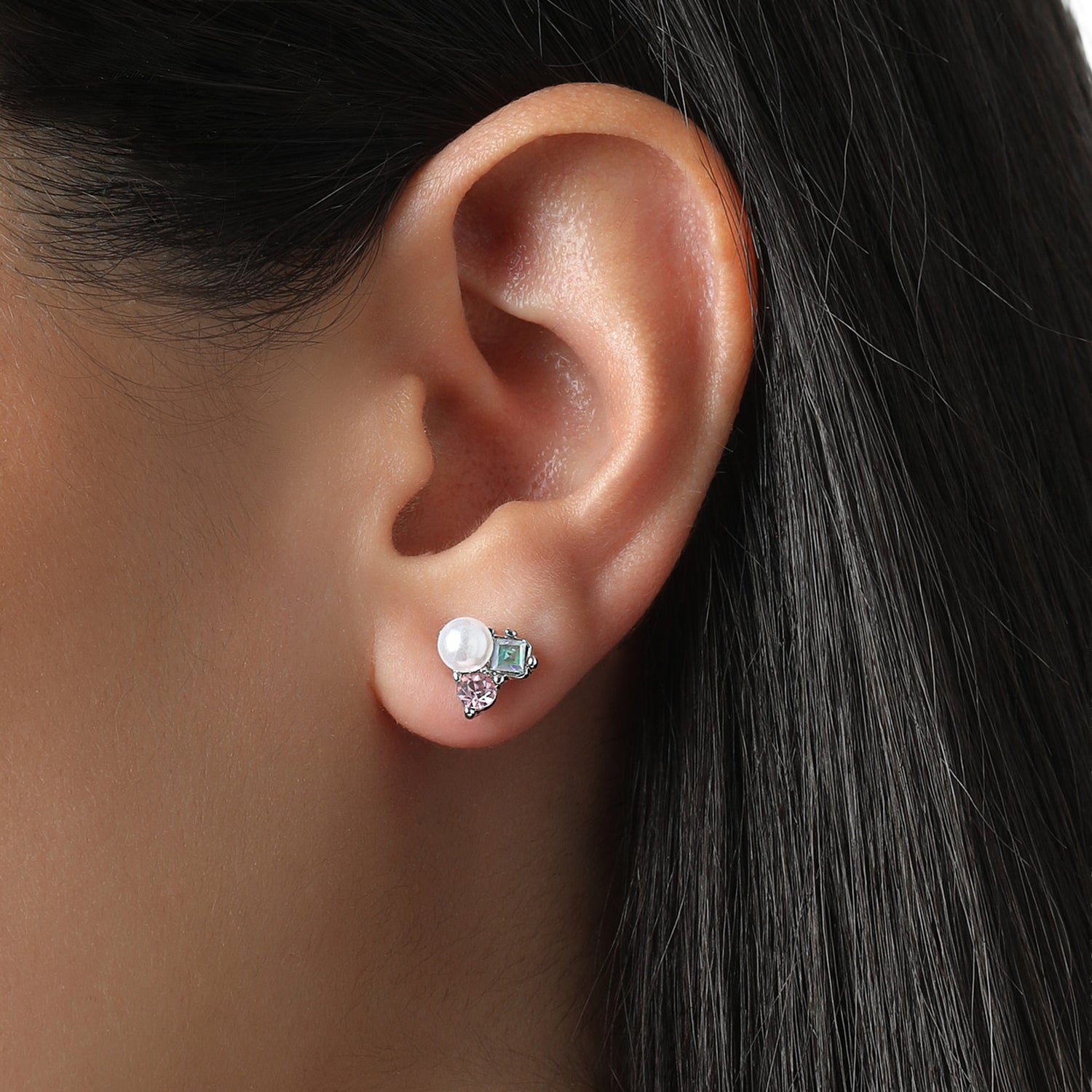 Celebrity Pink Bow and Heart Stud Earrings Pack of 6, Silver Tone