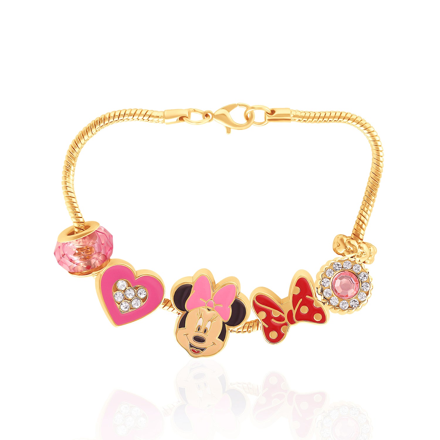 Minnie Mouse Bracelet for Women, 7" Gold-Tone Disney Charm Bracelet with 6 Unique Charms Official License