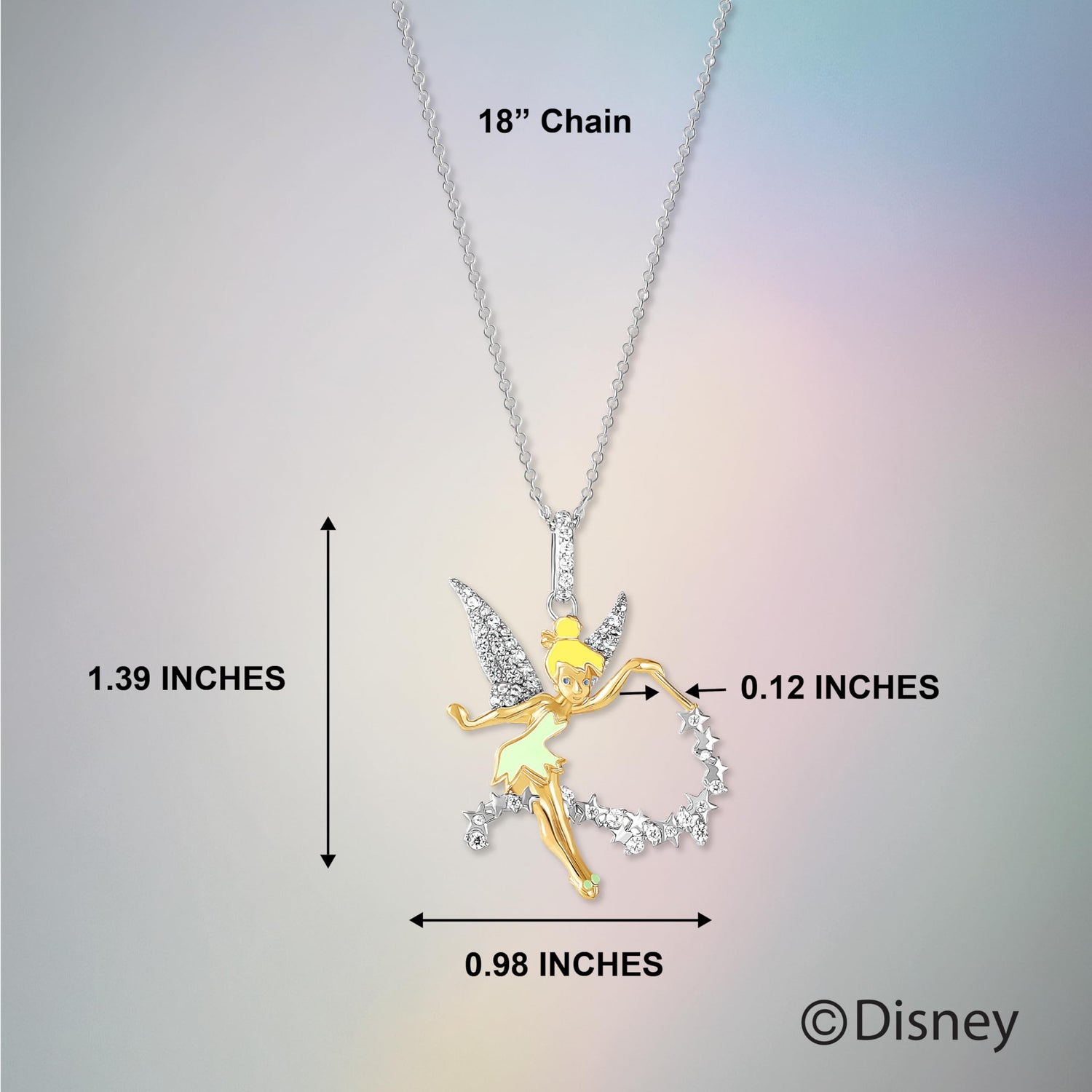 Disney Womens 3D Tinkerbell Pendant Necklace 18", Cubic Zirconia and Sterling Silver Necklace Official License