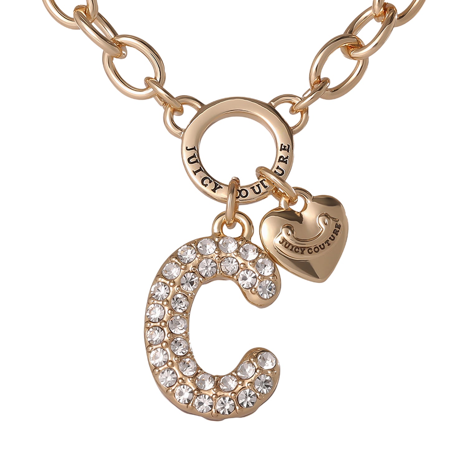 Juicy Couture Bubble Letter Necklace for Women with Clear Stones 18"+2", Chunky Initial Necklace Gold-Tone - C