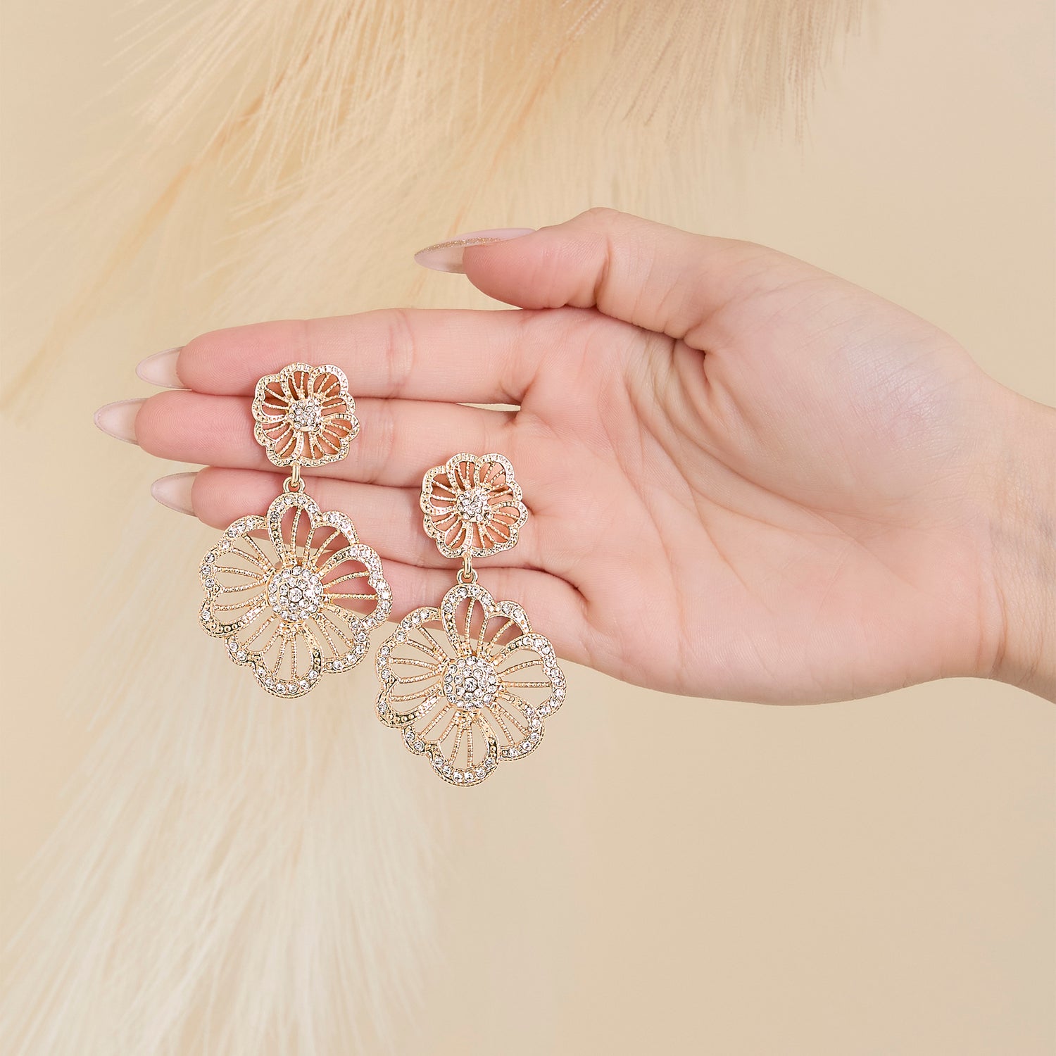 JS Jessica Simpson Gold-Tone Floral Drop Earrings with Pave Crystal Accents
