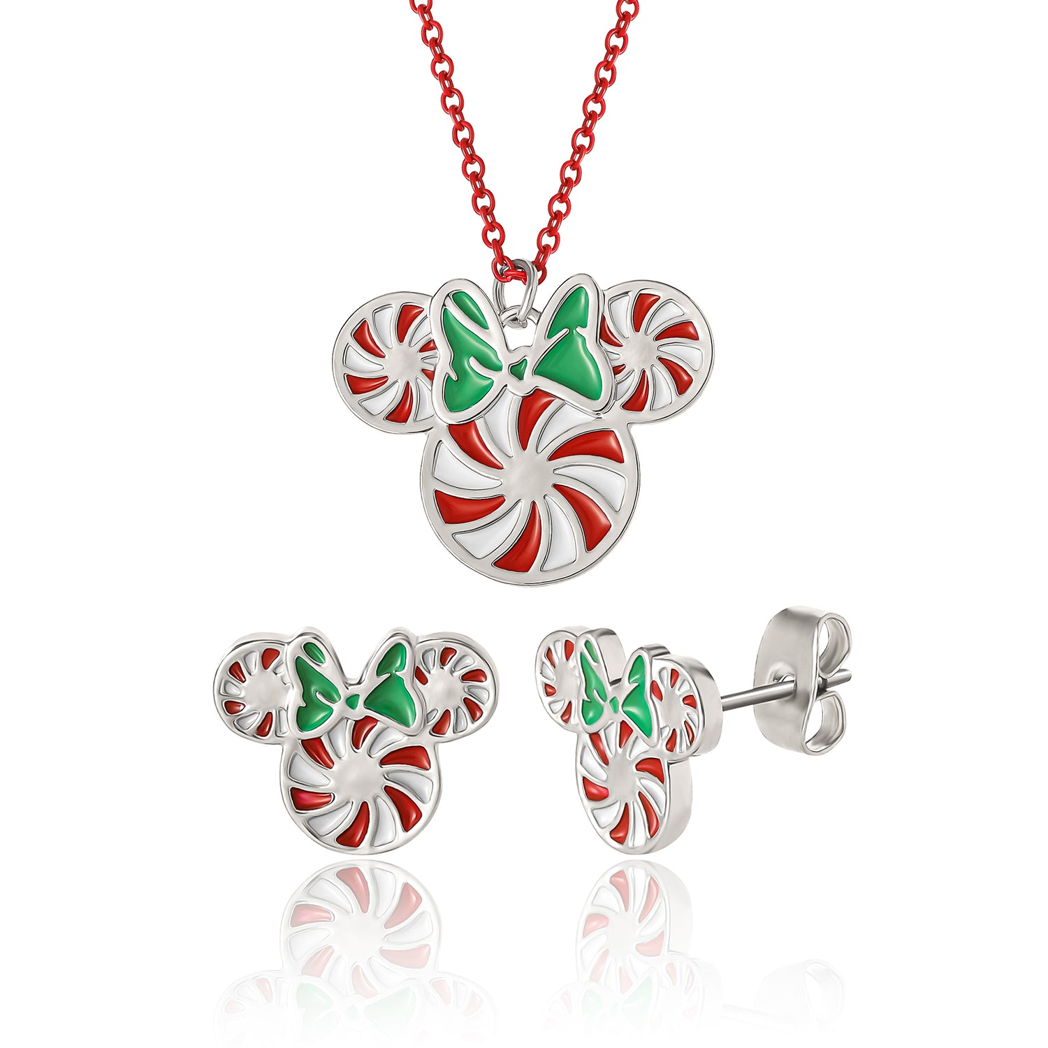 Minnie Mouse Christmas Necklace and Stud Earrings Official License, Peppermint Minnie Jewlery Set, Disney Christmas Jewelry