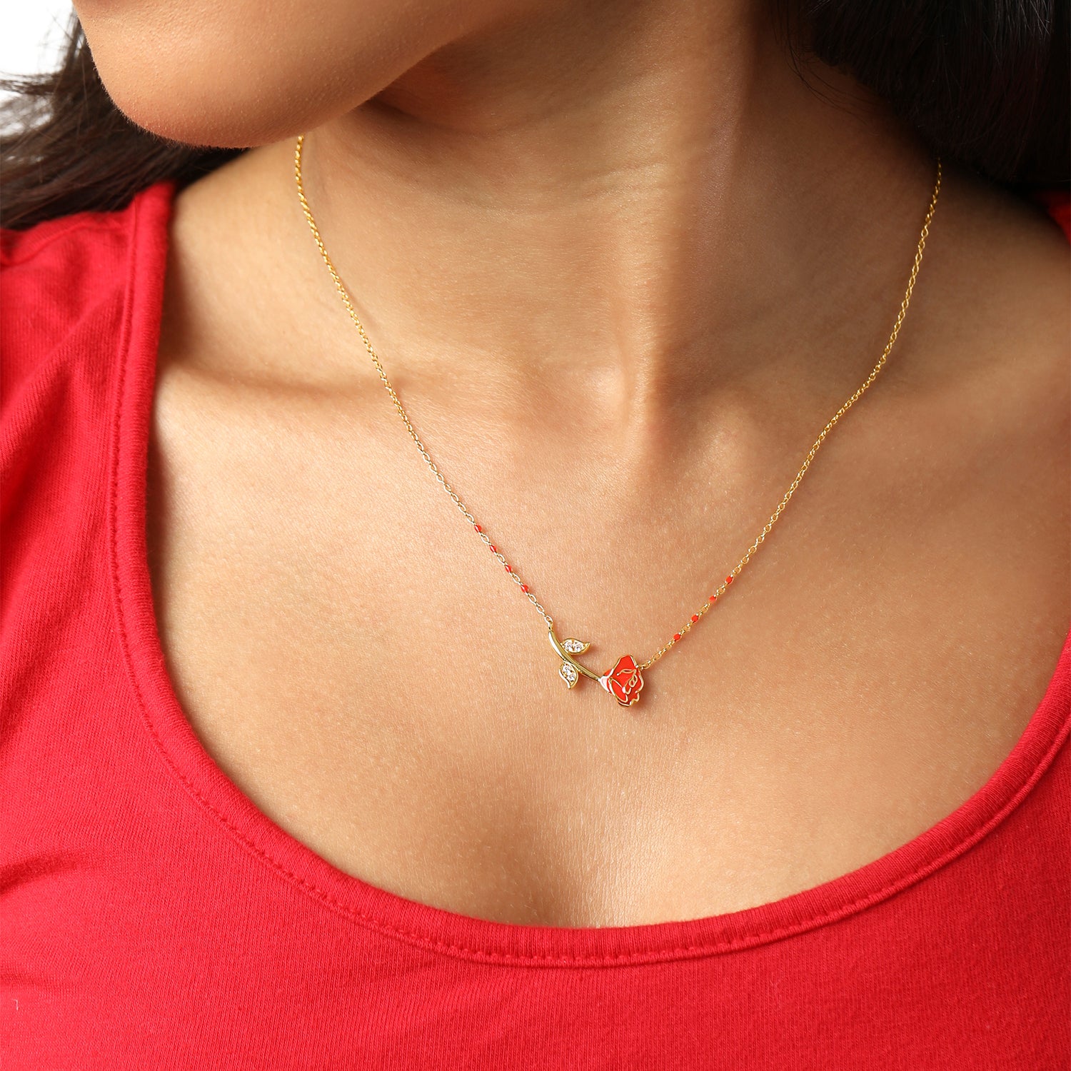 Disney Beauty and the Beast Red Enamel Rose Necklace for Women 17"