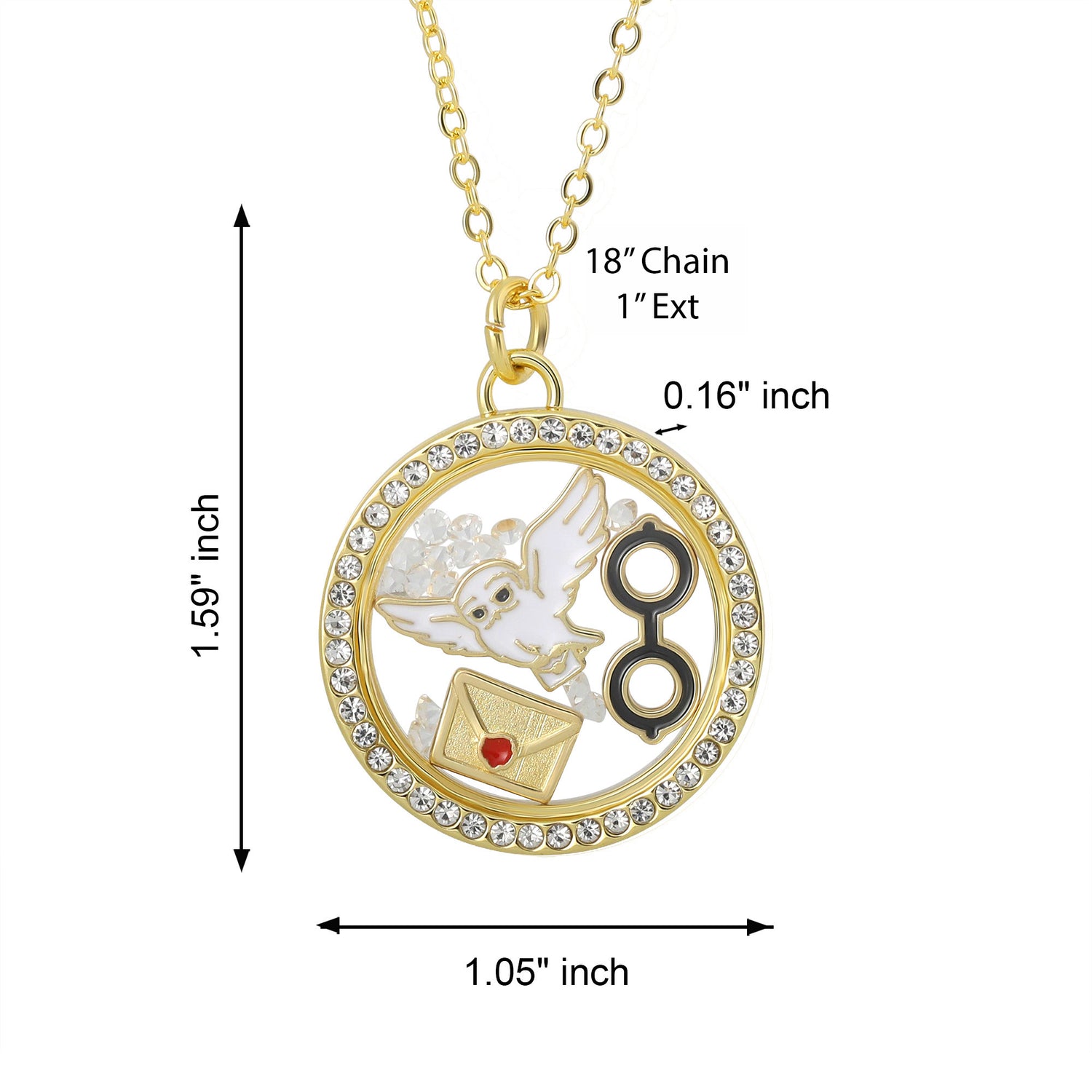 Harry Potter Envelope and Hedwig Owl Shaker Pendant Necklace with Crystals - 18"+1"