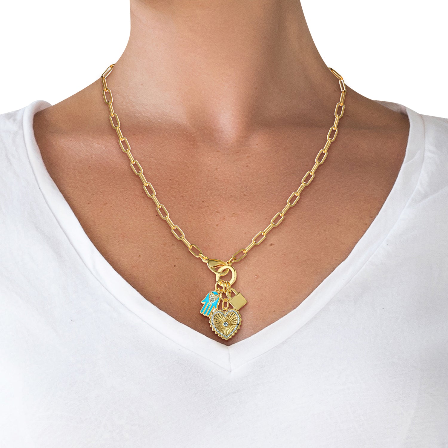 Jessica Simpson Womens Triple Charm Necklace 17" - Gold-Tone Necklace with Lock Charm and Heart Charms