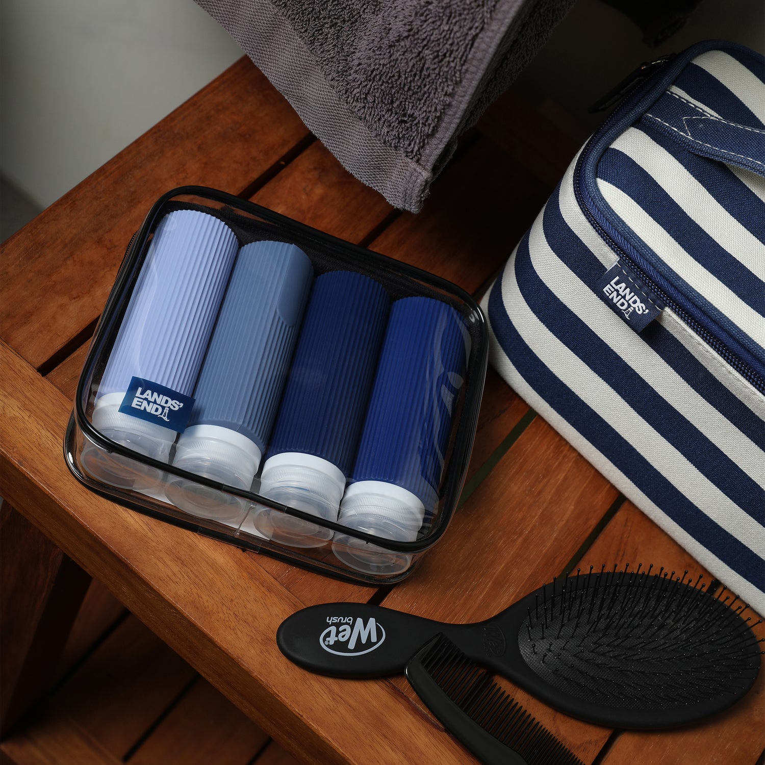 Lands' End Travel Bottle Set 3-Piece, 90 ML Travel Size Silicone Travel Bottles with Clear Container Bag  (Navy Multicolor)