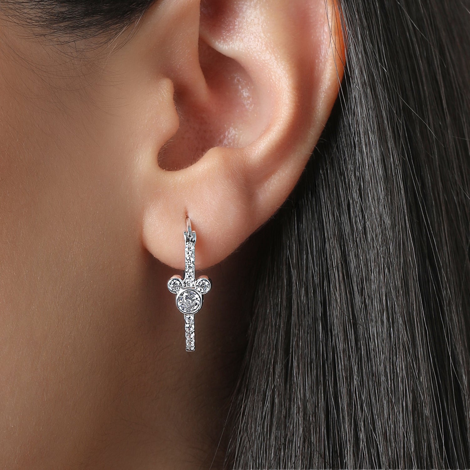 Disney Mickey Mouse Earrings Cubic Zirconia, Silver Flash-Plated Hoops