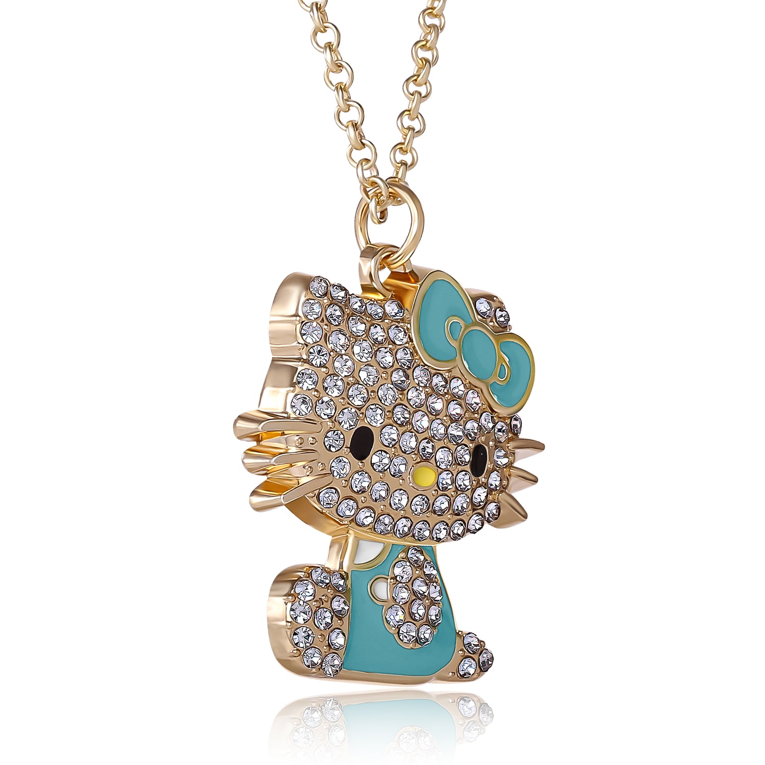 SALLY ROSE Hello Kitty Aqua Green Enamel and Pave Crystal Necklace Official License, Gold-Tone 16+3 Hello Kitty Necklace, Sanrio Gifts - Green