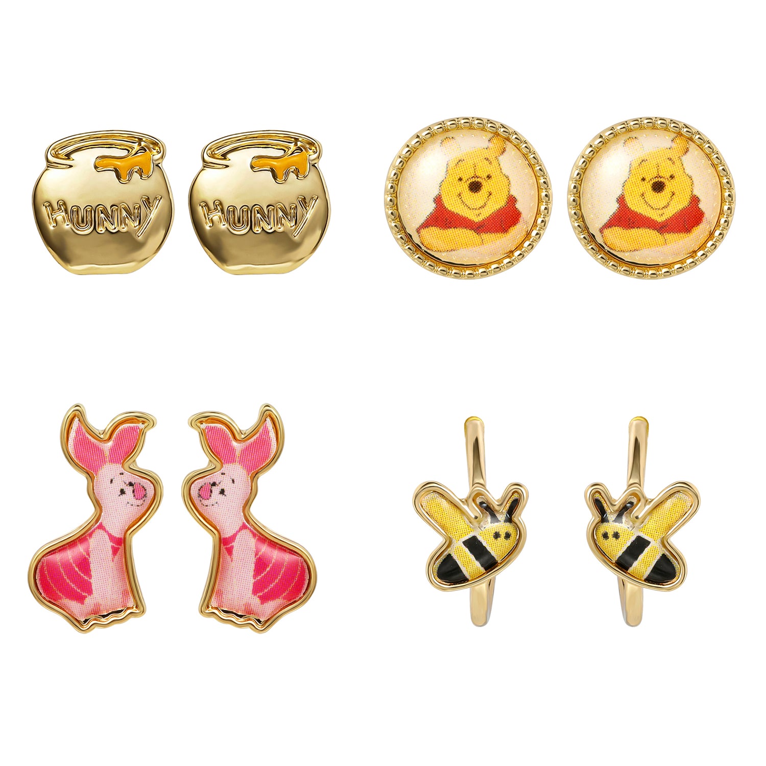 Winnie the Pooh Earrings Pack of 4 Official License, Gold Tone and Enamel