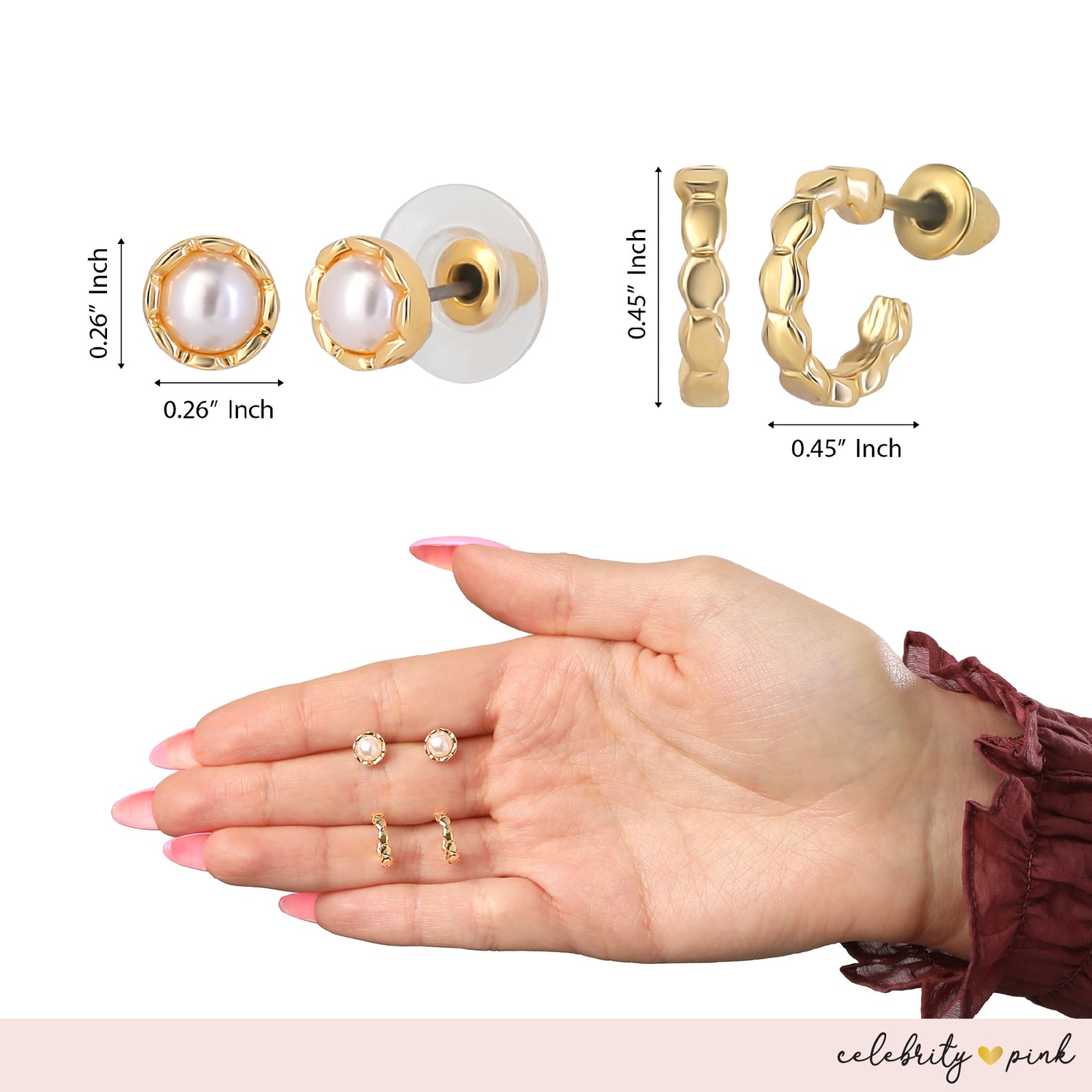 Celebrity Pink Gold-Tone Heart Stud Earrings and Huggie Hoops Pack of 6 | 6-Pack, Gold Heart Earrings, Faux Pearl Accents, Faux Pearl Accents