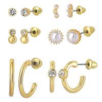 Celebrity Pink Embellished Gold-Tone Hoops and Stud Earrings Pack of 6 | 6-Pack, Small Hoops and Stud Earrings with Pearl and Rhinestone Accents