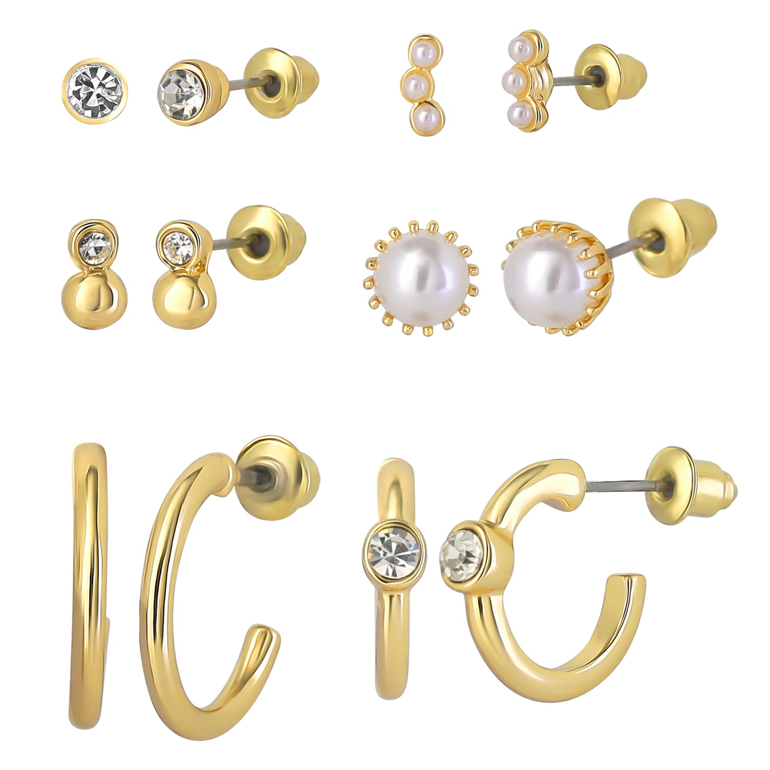 Celebrity Pink Embellished Gold-Tone Hoops and Stud Earrings Pack of 6 | 6-Pack, Small Hoops and Stud Earrings with Pearl and Rhinestone Accents
