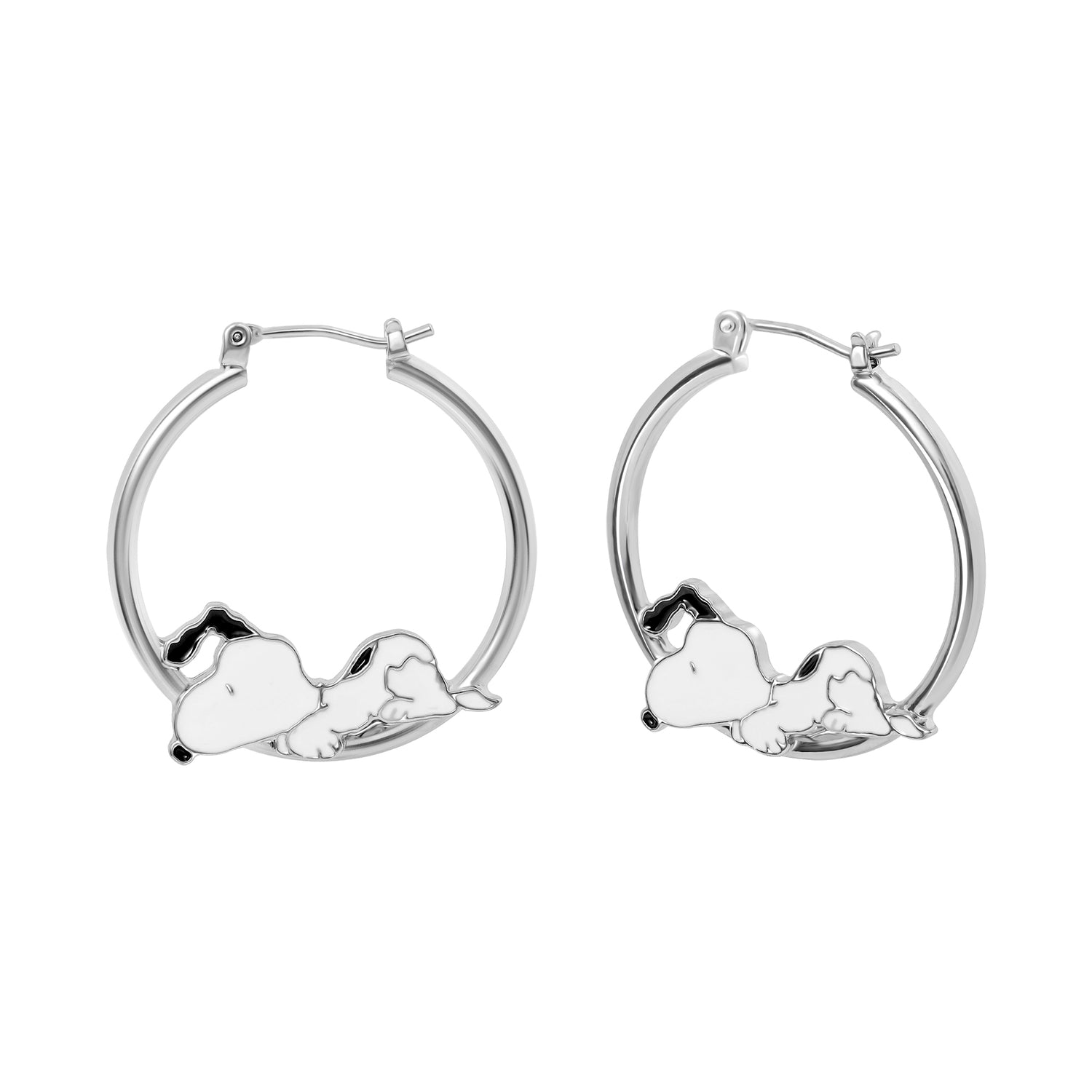Peanuts Snoopy Hoop Earrings for Women, Silver-Tone and Enamel