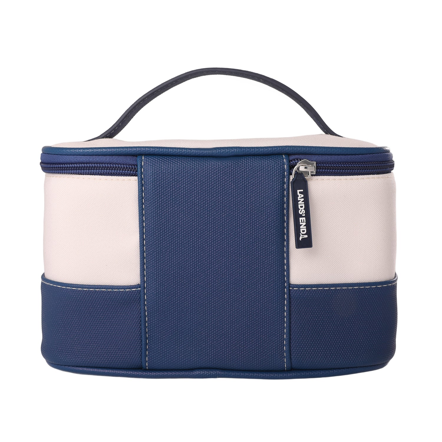 Lands' End Large Makeup Bag Train Case with 2 100 ML Plastic Travel Bottles, Soft-Sided Cosmetic Travel Bag - Navy