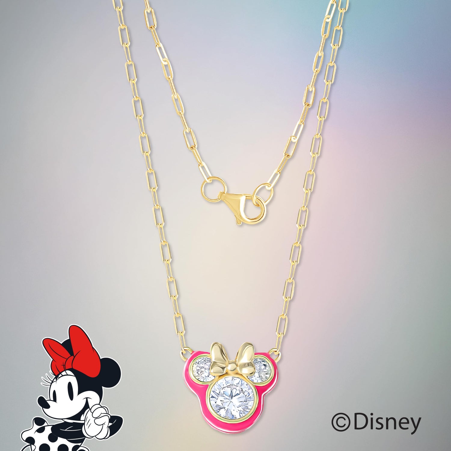 Disney Minnie Mouse Cubic Zirconia and Enamel Necklace Official License 18", Flash-Plated Necklace