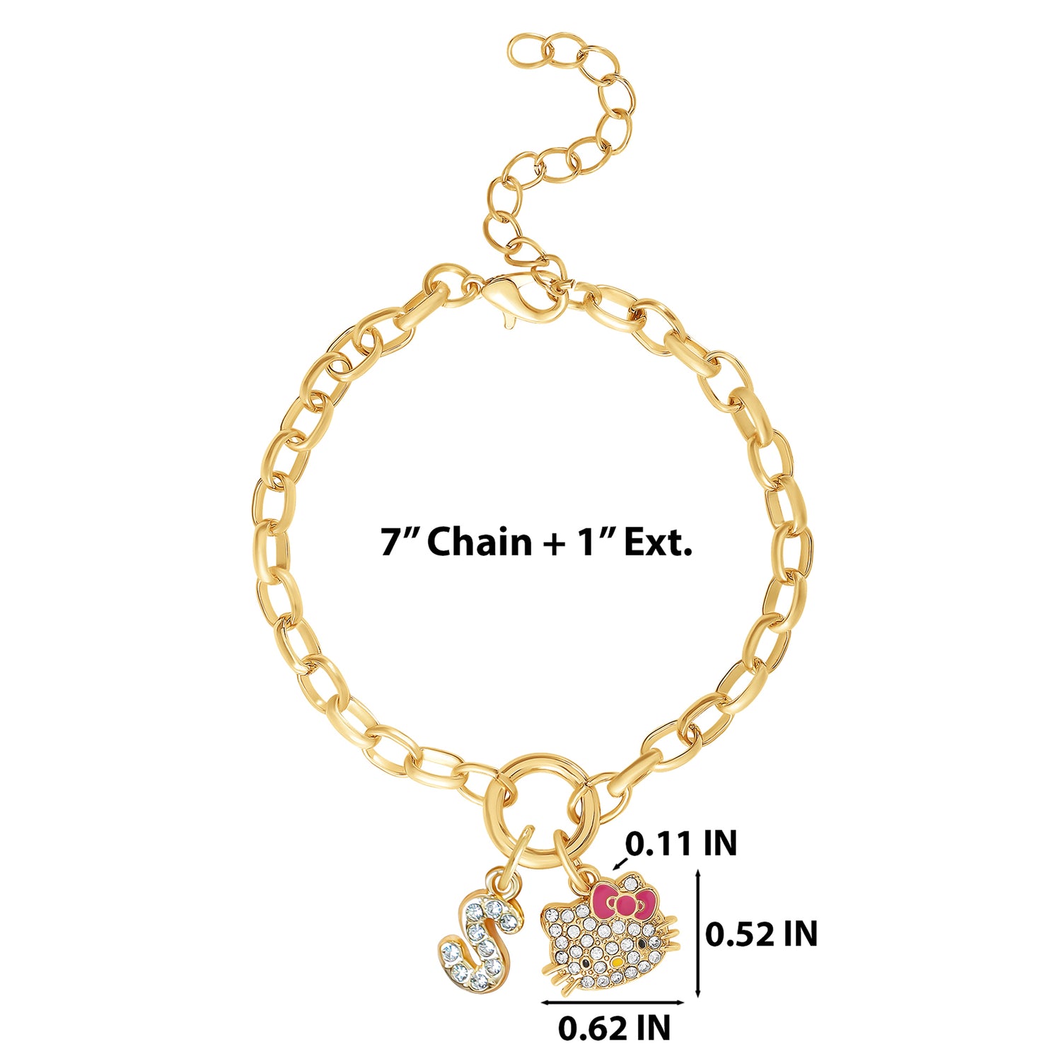 Hello Kitty Initial Crystal Charm Bracelet, Gold‑Tone, Adjustable - S