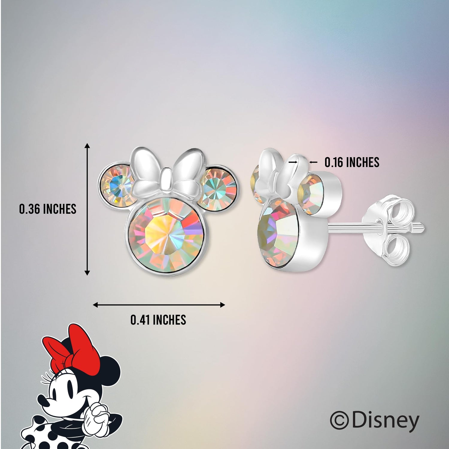 Disney Womens Minnie Mouse Aurora Boreal Crystal Stud Earrings, Sterling Silver Stud Earrings Official License