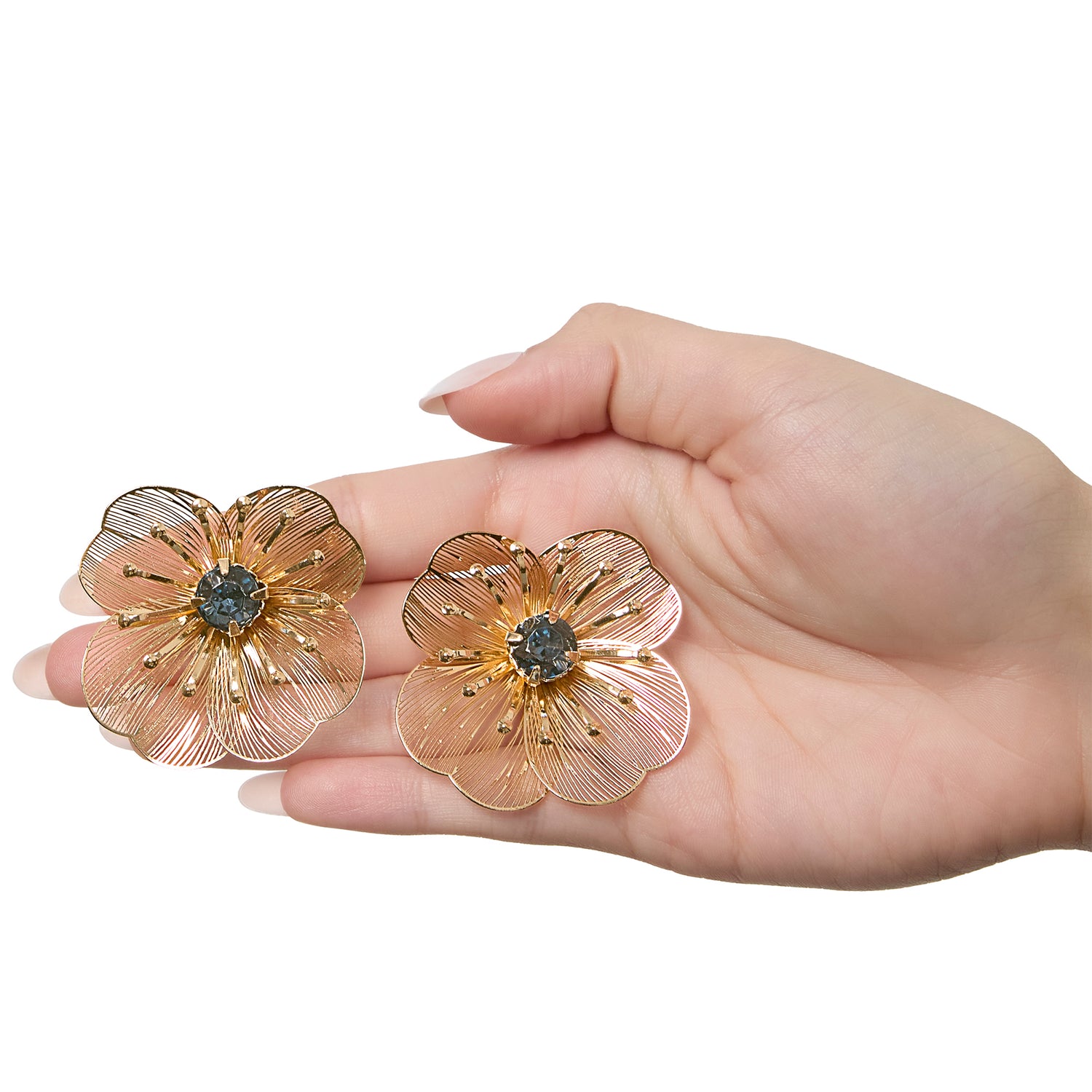 Jessica Simpson Gold-Tone Filigree Flower Stud Earrings with Blue Crystal Center