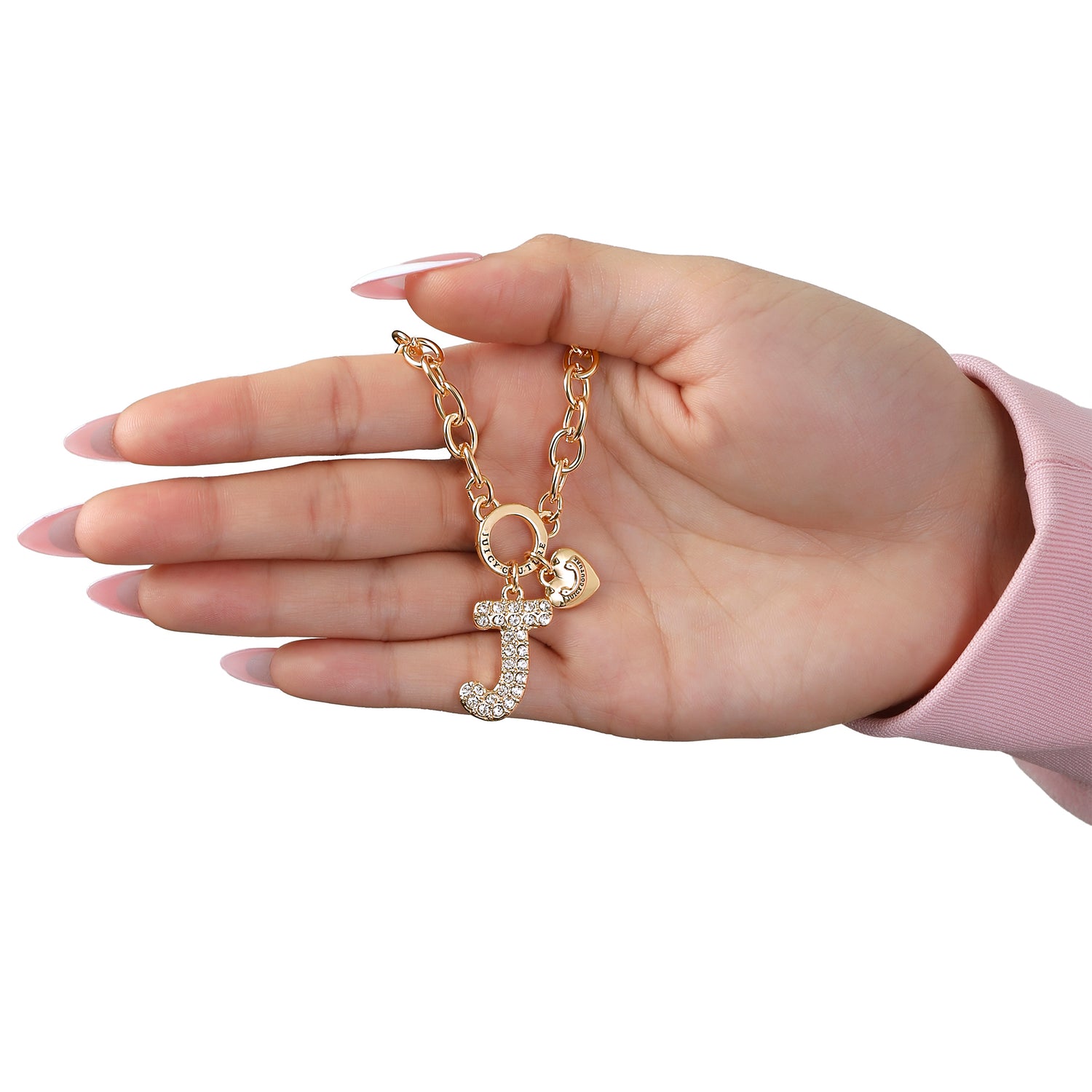 Juicy Couture Bubble Letter Necklace for Women with Clear Stones 18"+2", Chunky Initial Necklace Gold-Tone - J