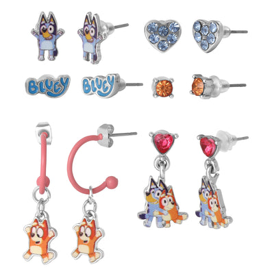 Bluey Earrings Set 6 Pairs Official License, Fashion Studs, Hoops, and Bluey and Bingo Dangle Charm Earrings with Crystals