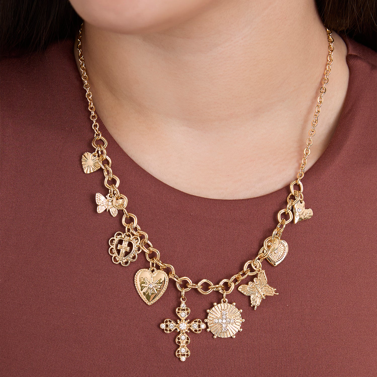 JS Jessica Simpson Gold Tone Textured Cross Heart Charm Necklace