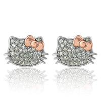Hello Kitty Face Stud Earrings, Sterling Silver with Created White Sapphire Pavé and Rose Gold-Tone Bow, Official License
