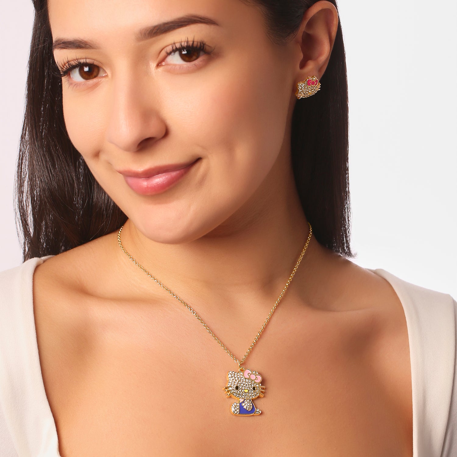 SALLY ROSE Hello Kitty Pink and Blue Enamel and Pave Necklace Official License, Gold-Tone 16+3 Hello Kitty Necklace, Sanrio Gifts - Blue