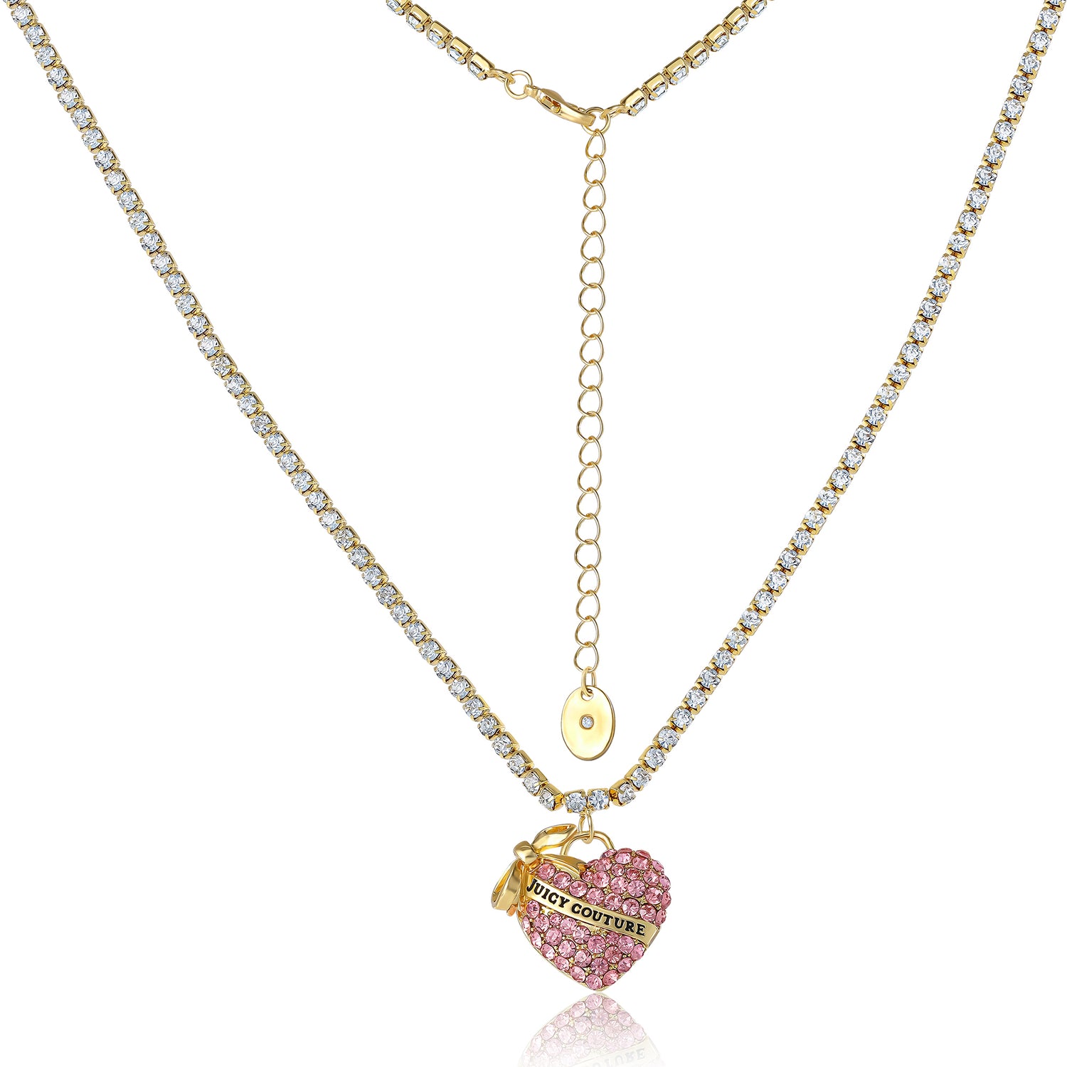 Juicy Couture Pink Pavé Heart Pendant Necklace, Gold‑Tone