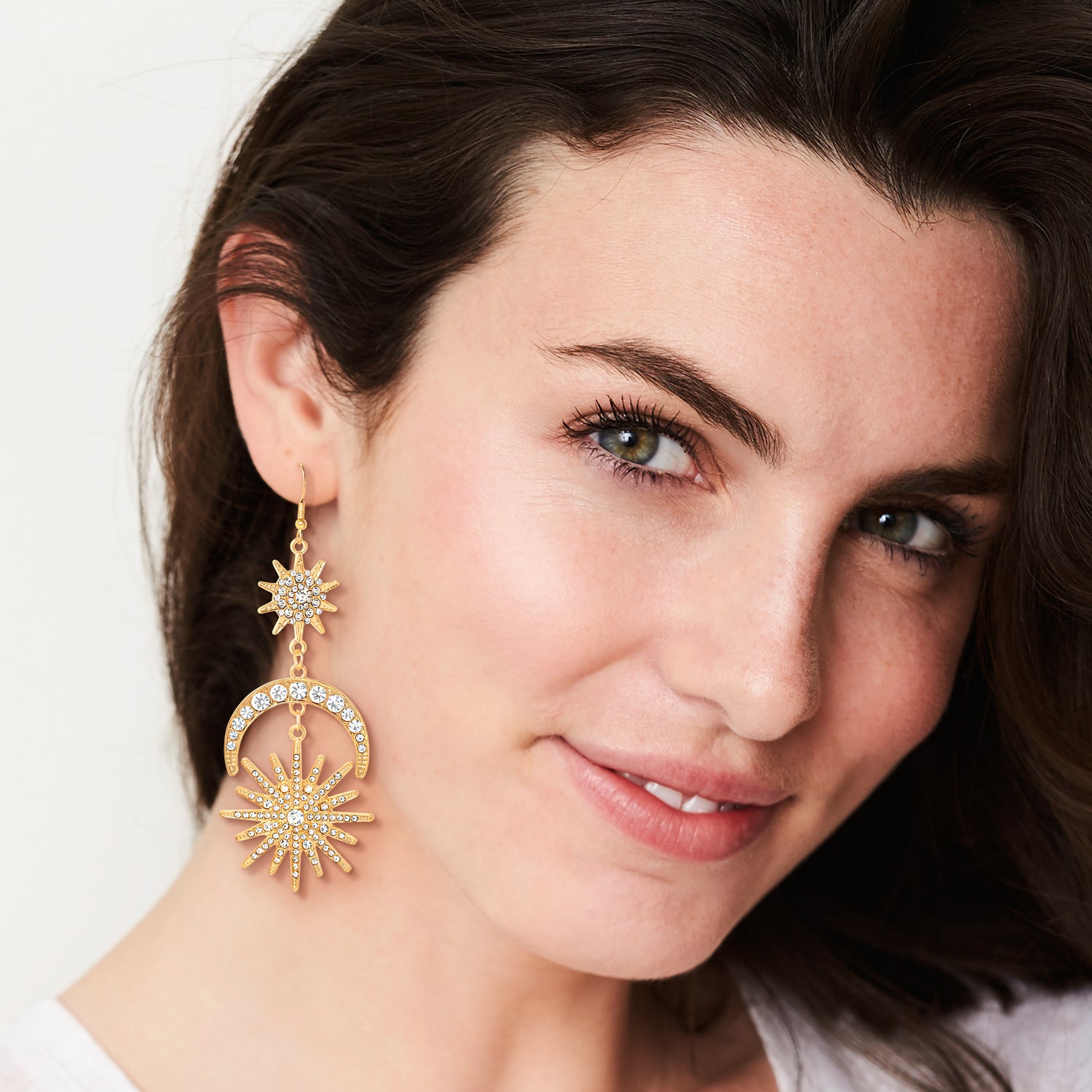 Jessica Simpson Sun Moon and Star Drop Earrings for Women - Gold-Tone Statement Earrings with Crystal Embellishments