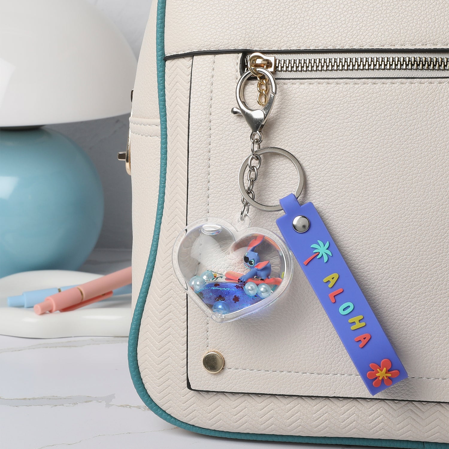 Disney Stitch Heart Shaped Liquid Surfing Keychain