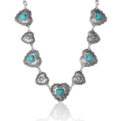 JS Jessica Simpson Turquoise Concho Statement Necklace Antique Silver Tone