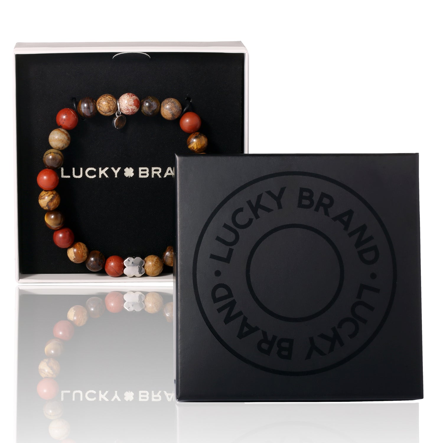 Lucky Brand Red Jasper Mens Bracelet, Stretch Beaded Bracelet for Men with Clover Logo and Jasper Beads