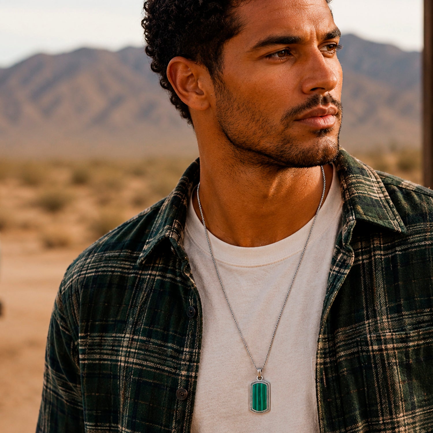 Lucky Brand Mens Stainless Steel Necklace with Malachite Green Pendant