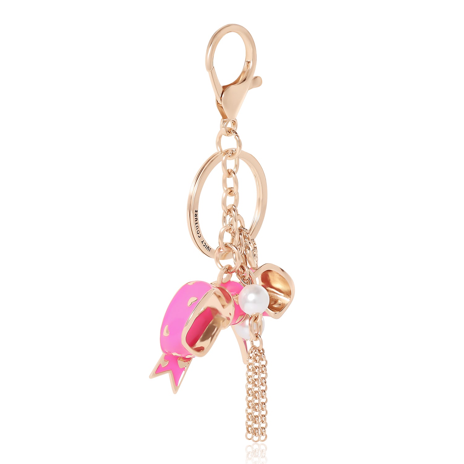 Juicy Couture Pink Enamel Heart Keychain With Faux Pearls & Juicy Logo Charm