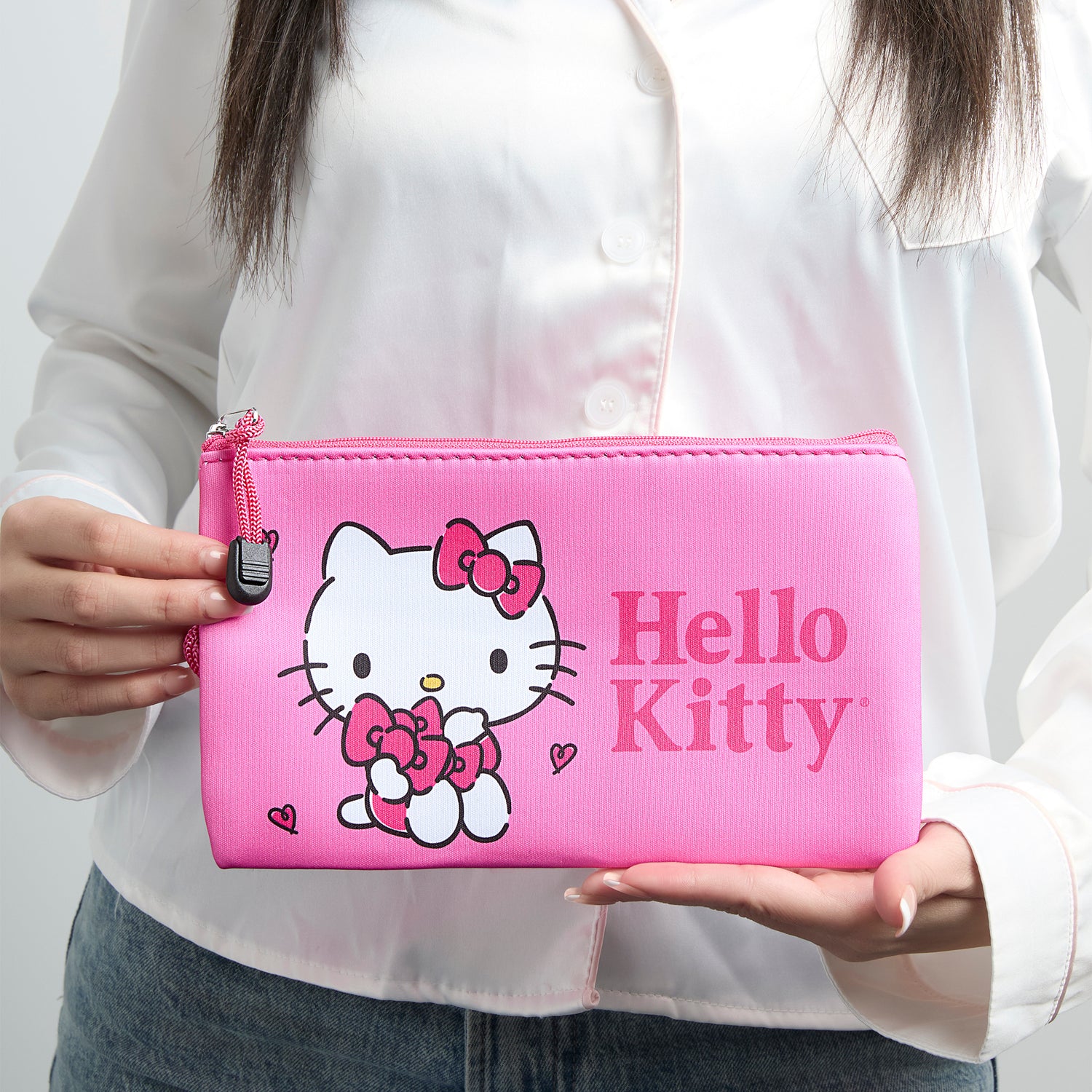 Hello Kitty Makeup Bag Official License, Pink Neoprene Zip Pouch for Travel, Sanrio Travel Gifts
