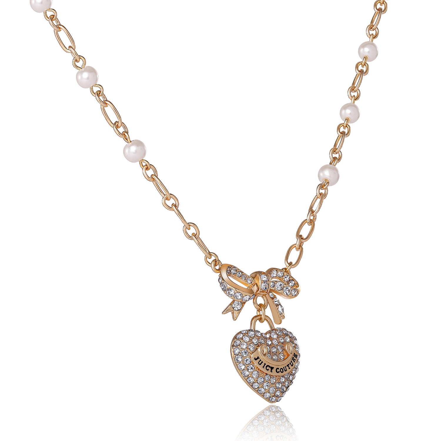 Juicy Couture Necklace Gold Tone 18"+2", Heart Charm Necklace for Women with Bow, Faux Pearls, and Clear Stones