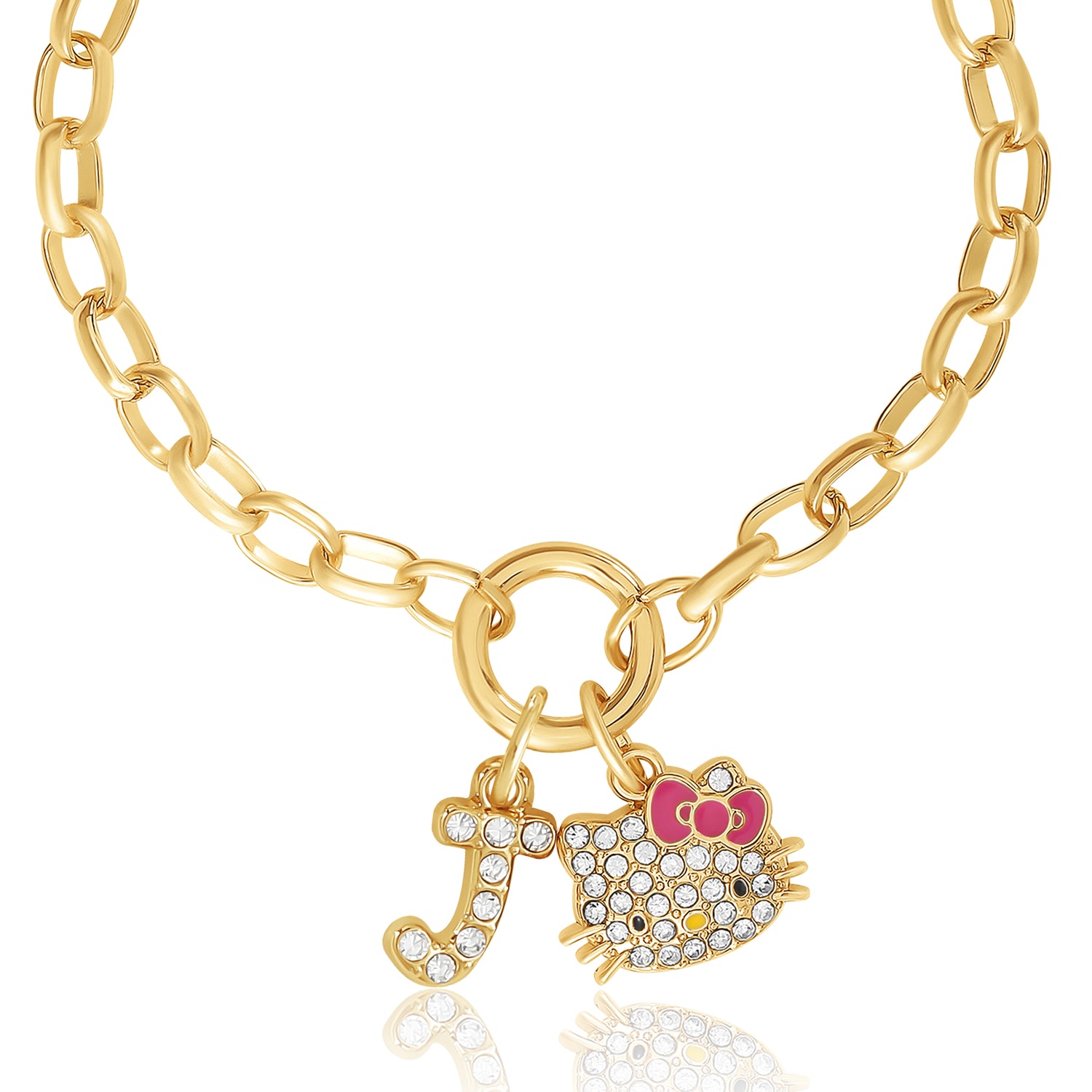 Hello Kitty Initial Crystal Charm Bracelet, Gold‑Tone, Adjustable - J