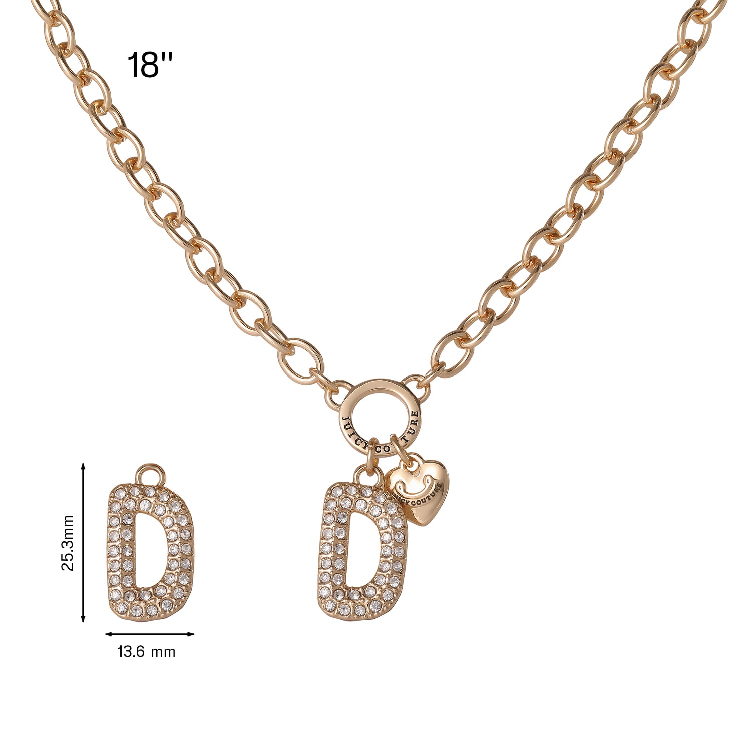 Juicy Couture Bubble Letter Necklace for Women with Clear Stones 18"+2", Chunky Initial Necklace Gold-Tone - D