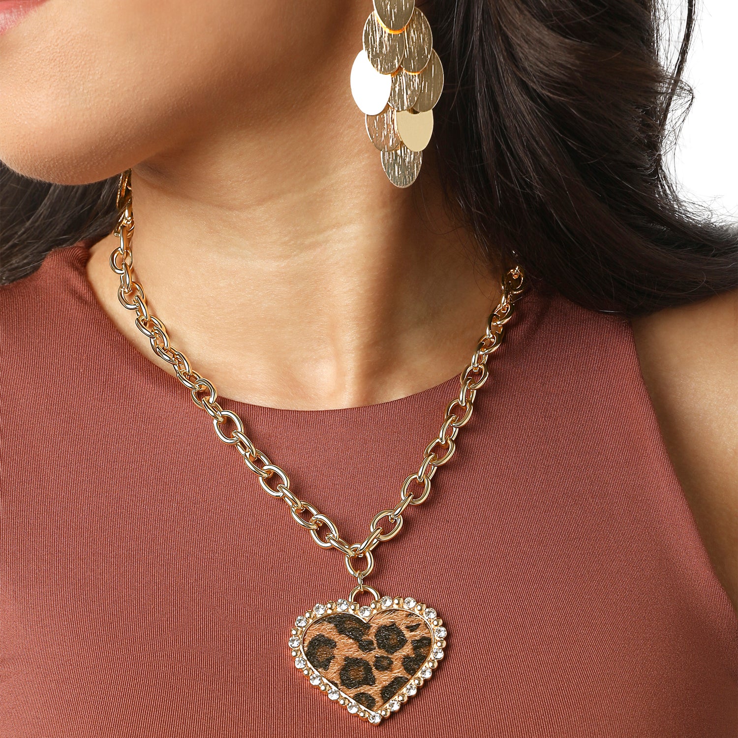 Jessica Simpson Chunky Heart Necklace for Women with Cheetah Print and Pave Crystals, 18"+2" Heart Pendant Necklace