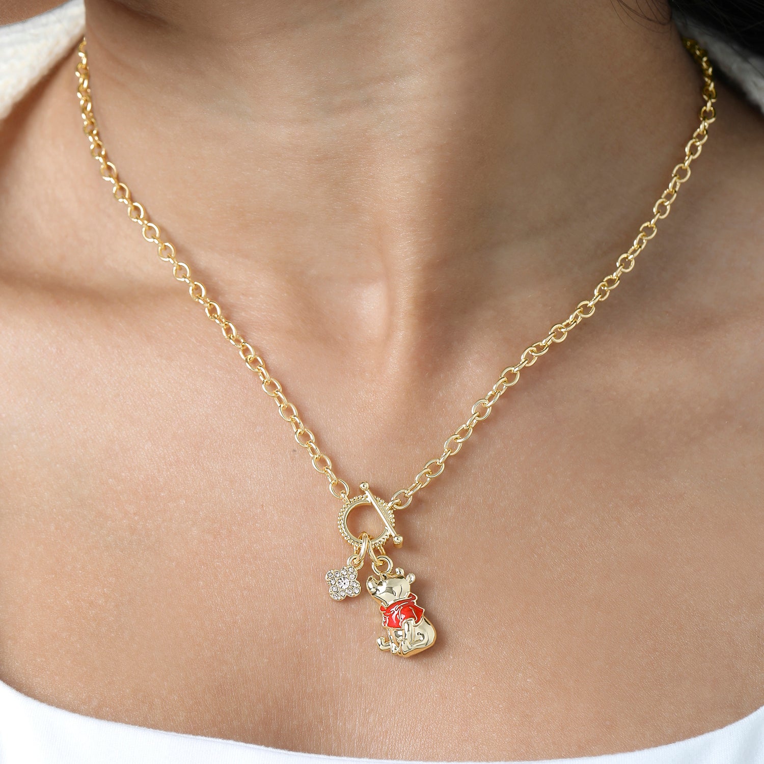 Winnie the Pooh Charm Necklace for Women, 18k Gold Flash Plate, 18"+2"